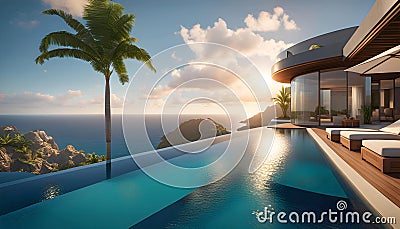 luxury modern designer villa with pool, ocean view, photorealistic travel poster, Cartoon Illustration