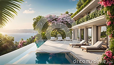 luxury modern designer villa with pool, ocean view, photorealistic travel poster, Cartoon Illustration