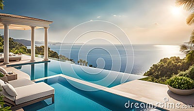 luxury modern designer villa with pool, ocean view, photorealistic travel poster, Cartoon Illustration