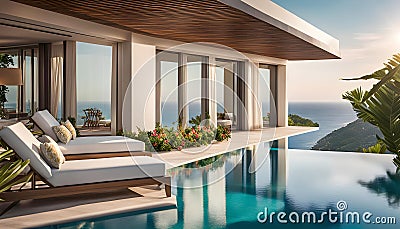 luxury modern designer villa with pool, ocean view, photorealistic travel poster, Cartoon Illustration
