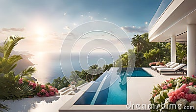 luxury modern designer villa with pool, ocean view, photorealistic travel poster, Cartoon Illustration