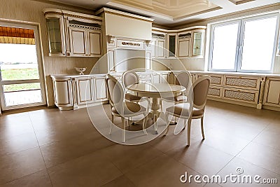 Luxury modern fitted kitchen interior. Kitchen in luxury home wi Stock Photo