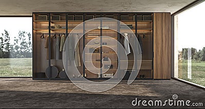 Luxury modern interior design large wooden wardrobe with clothes hanging on rail in walk in closet and shelf lighting Cartoon Illustration