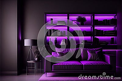 Luxury modern interior of living room ,Ultraviolet home decor concept ,purple sofa and black table with gold lamp on Cartoon Illustration