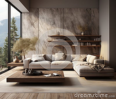 Luxury modern large spacious living room with plants, flooded with sunlight Stock Photo
