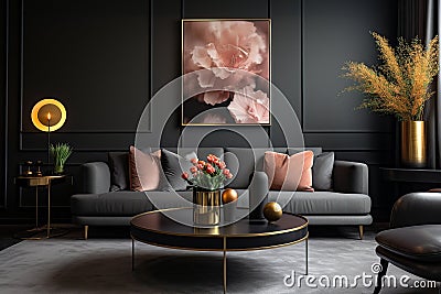 Luxury Modern Living: Dark Hues, Gold Accents, and Artistic Depth Stock Photo