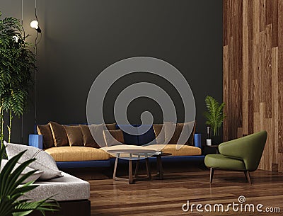 Luxury modern living room interior, dark green brown wall, modern sofa with armchair and plants Stock Photo