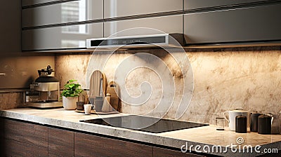 Luxury modern marble brown kitchen counter with white marble countertop cabinet cupboard and beige granite splashback for cooking Stock Photo