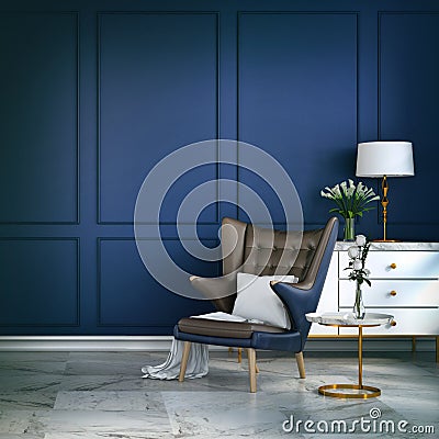 Luxury modern room interior,blue lounge chair with white lamp and white sideboard on blue wall /3d render Stock Photo