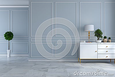 Luxury modern room interior design,empty room ,white sideboard with lamp and plant on light gray wall and marble floor /3d render Stock Photo