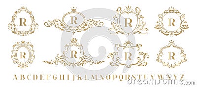 Luxury monogram. Vintage ornamental decorative monograms, retro luxury golden wreath emblem and baroque heraldic wedding Vector Illustration