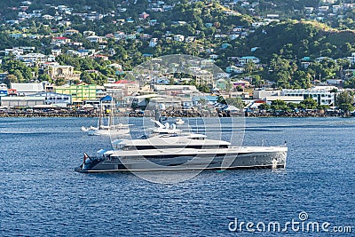 Luxury motor mega yacht Elandess in harbor of the Kingstown, Saint Vincent and the Grenadines Editorial Stock Photo