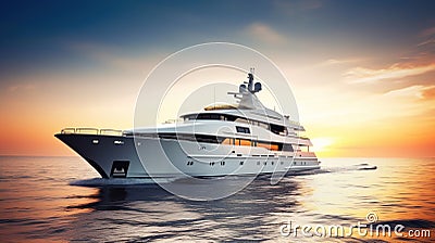 Luxury motor yacht sailing in sea at sunset, expensive rich boat, generative AI Stock Photo