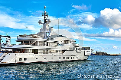 Luxury motor yachts in a Barcelona port. Stock Photo