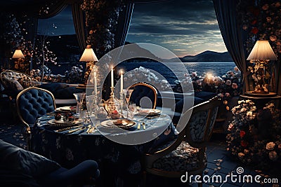 Luxury Night Dinner with a City View, A Romantic Evening Stock Photo