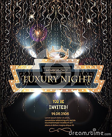 Luxury night party invitation card with retro frame, gold serpentine and crown. Vector Illustration