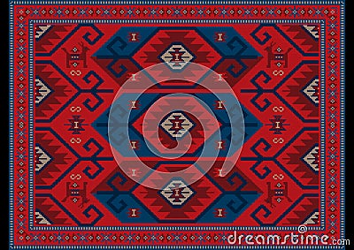 Luxury oriental carpet in red, blue shades with maroon and gray patterns on black background Vector Illustration