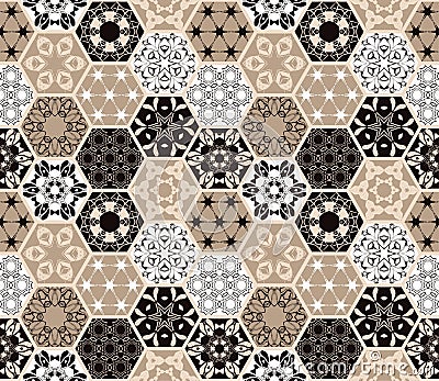 Luxury oriental hexagonal ceramic tiles. Colorful floral seamless pattern. Patchwork background Vector Illustration