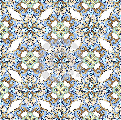 Luxury oriental tile seamless pattern. Vintage flowers seamless ornament in gold and blue colors. Decorative ornament Vector Illustration