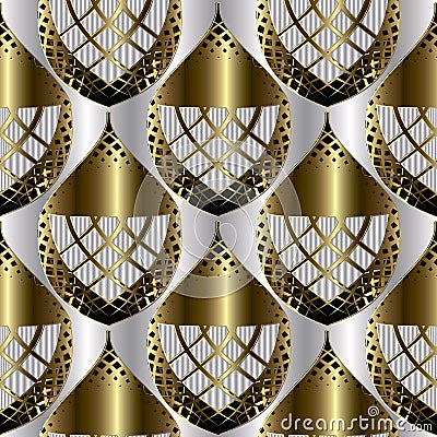 Luxury ornamental abstract 3d seamless pattern. Surface textured silver background. Shiny gold ornate grid ornament. Creative Vector Illustration