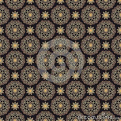 Luxury ornate background with golden round elements on black background Vector Illustration