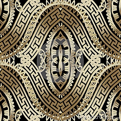 Luxury ornate gold 3d greek vector seamless pattern. Ornamental Vector Illustration