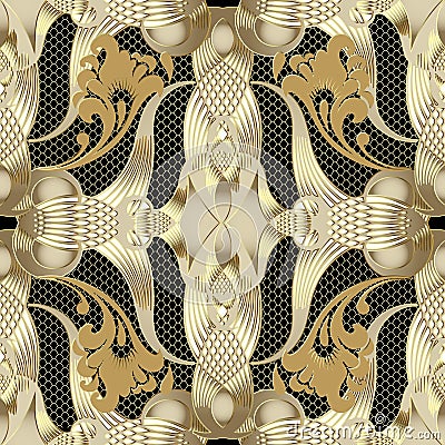 Luxury ornate gold 3d vector seamless pattern. Floral beautiful Vector Illustration