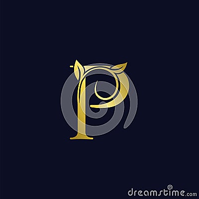 Luxury P Initial Letter Logo gold color, vector design concept ornate swirl floral leaf ornament with initial letter alphabet for Vector Illustration