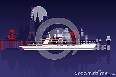 Luxury passenger boat, casino, gambling city, ship, flat vector illustration. Travel, trip around world, design web Vector Illustration