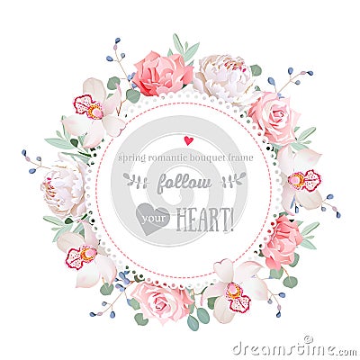 Luxury peony, orchid, rose, pink flowers, blue berries and eucalyptus leaves round vector frame Vector Illustration