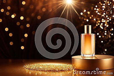 Luxury perfume, cosmetic premium glass bottle. Banner, poster for beauty promotion of elegant golden sparkle glittering light Stock Photo