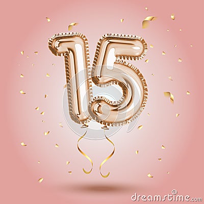 Luxury Pink Greeting celebration fifteen years birthday Anniversary number 15 foil gold balloon. Happy birthday Vector Illustration