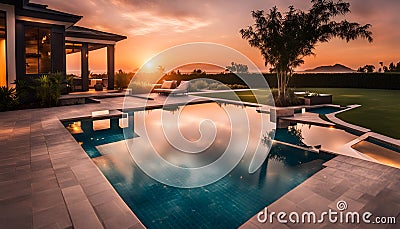 a luxury pool at sunset Stock Photo