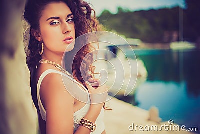 Luxury portrait beautiful girl, gold jewel Stock Photo