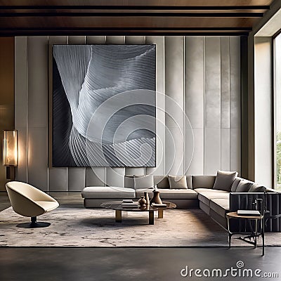 Luxury premium living room, contemporary minimalistic design for huge apartment. Generative AI Stock Photo