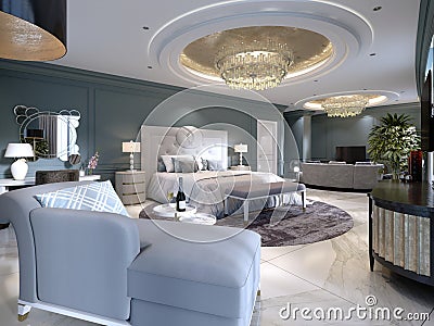 Luxury presidential suite with a bedroom and a large bed and a living room with a sofa and a TV stand Stock Photo