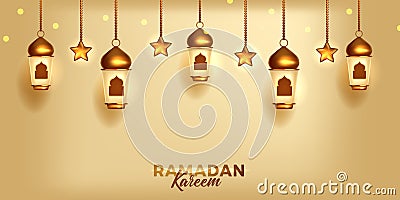 Luxury ramadan mubarak kareem banner with 3d golden fanoos fanous arabic lantern decoration Vector Illustration