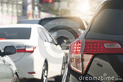 Luxury rear corner of black car on the road. Stock Photo