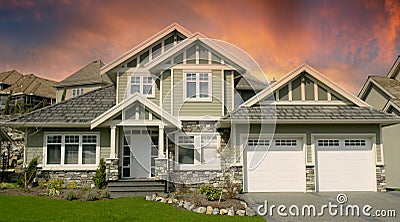 Luxury Residential Home House Exterior Canada Stone Details Roofing Front View Stock Photo