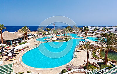 Luxury resort pool with palm trees. Stock Photo