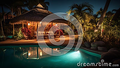 Luxury resort with poolside bungalows, palm trees, and tranquil nature generated by AI Stock Photo