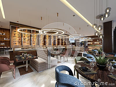 Luxury restaurant in contemporary style with exquisite modern furniture and designer listroy with hidden lighting. Brand interior Stock Photo