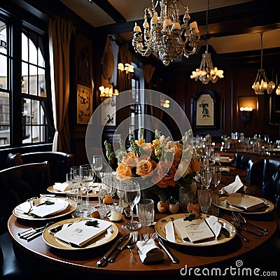Luxury restaurant interior. Table set for wedding or another catered event dinner. ai generated Stock Photo