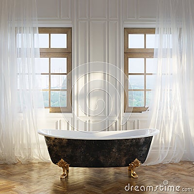 Luxury Retro Bathtub In Modern Room Interior 1st Version Stock Photo
