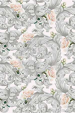 Luxury Rococo ornament with roses flowers background Vector. Delicate Rich imperial intricate elements. Victorian Royal Vector Illustration