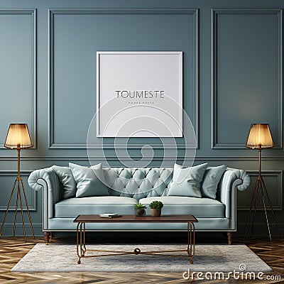 Luxury room mock-up with Chesterfield sofa in soft baby blue leather Stock Photo