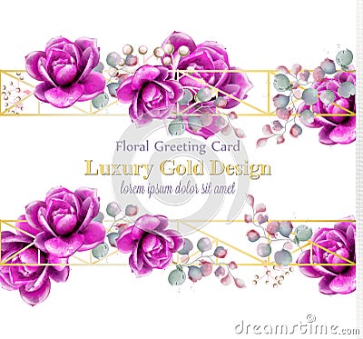 Luxury rose flowers watercolor card Vector. Golden abstract frames decor banner. Royal wedding bouquets illustrations Vector Illustration