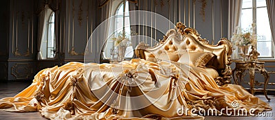 Luxury royal bedroom with golden luxury bedding and large windows Stock Photo