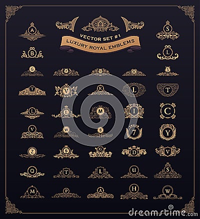 Luxury royal logo set. Crest, emblem, heraldic monogram. Vintage flourishes elements Vector Illustration