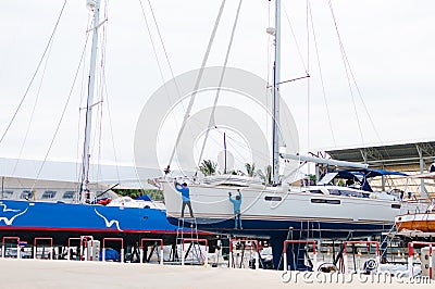 Luxury sailboat on a maintenance process in a shipyard Editorial Stock Photo